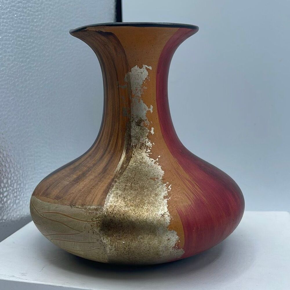 VTG MCM Bulbous Vase gold leaf contrasting wood -grain & red color blocking.